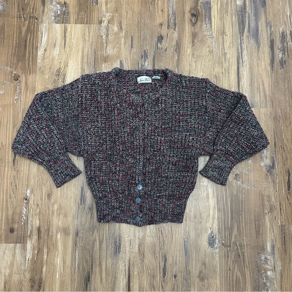 VTG 80s Chunky Knit Multicolor Double Lined Knit Unique Open Front Cardigan - Picture 10 of 10